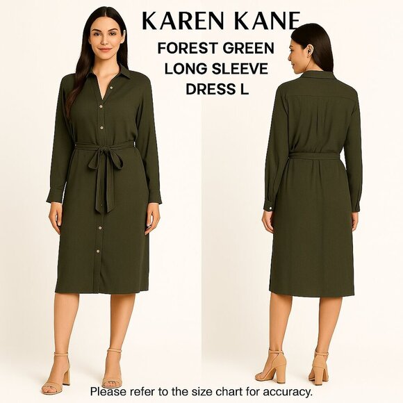 Karen Kane Dresses & Skirts - Karen Kane Forest Green Button Front Belted Midi Shirt Dress L Long Sleeve